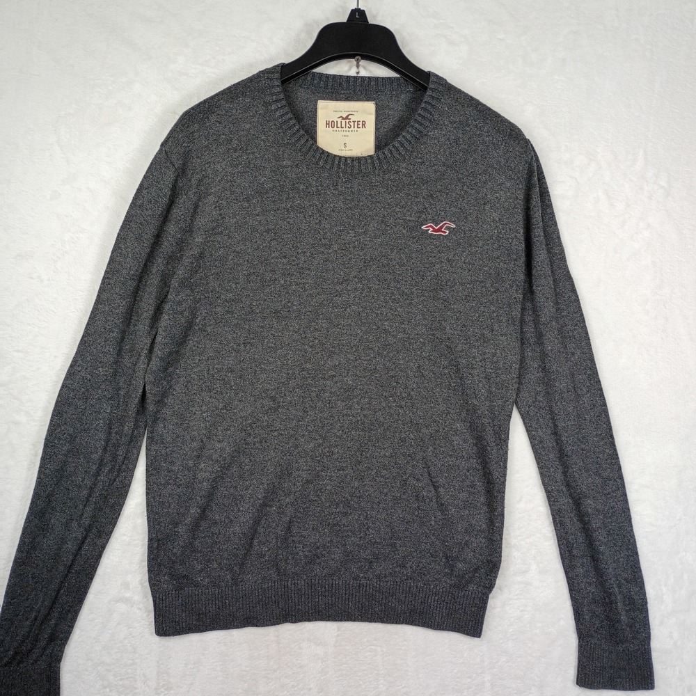 Hollister Mens Small Gray Crewneck Sweater Cotton Blend Embroidered Logo